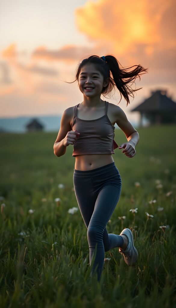 A young girl runs across a meadow. Cropped tank top and short leggins pants. She is happy. Green meadow, sunset, red and orange clouds. Peaceful.