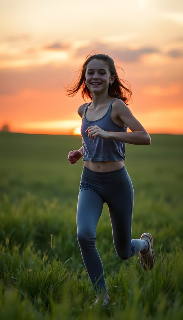 A young girl runs across a meadow. Cropped tank top and short leggins pants. She is happy. Green meadow, sunset, red and orange clouds. Peaceful.