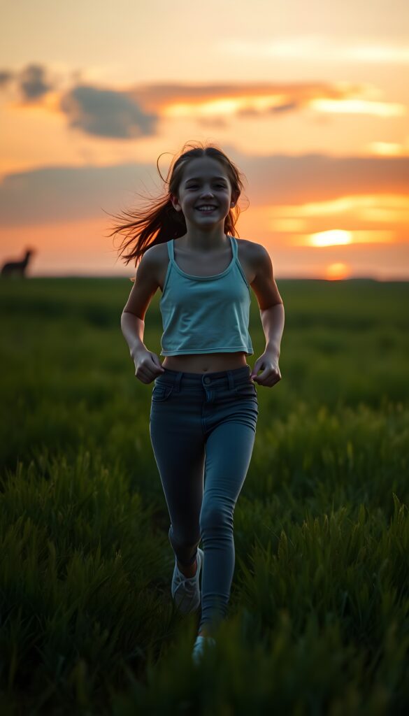 A young girl runs across a meadow. Cropped tank top and short leggins pants. She is happy. Green meadow, sunset, red and orange clouds. Peaceful.