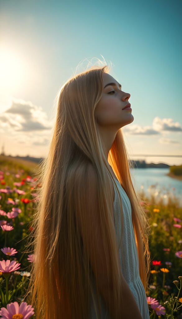 A young girl stands with her back to the sun, her long, straight hair flowing like a golden stream down her back. Her eyes are closed, reflecting the radiant sunlight that bathes her face in a warm, ethereal glow. She is in a lush meadow, surrounded by vibrant wildflowers in shades of pink, purple, and yellow. The sky is a vivid blue, dotted with fluffy white clouds. In the distance, a gently flowing river sparkles under the sun, adding to the serene and joyful atmosphere.