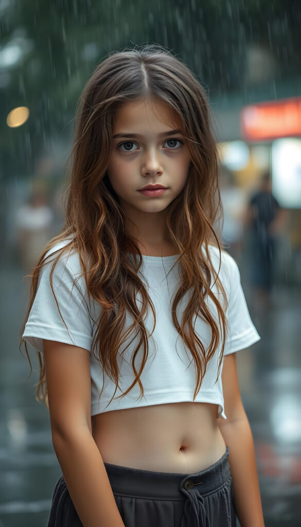 A young girl stands in the rain. She has long, wavy brown hair and a sensual gaze, wears a white cropped short t-shirt and a skirt, she has dripping, wet hair, Her T-shirt is short and you can see her belly button.