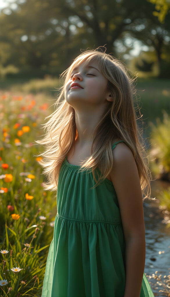 A young girl stands in a vibrant, sunlit meadow, her eyes closed in blissful serenity. She wears a flowing, emerald-green dress that dances with the breeze, her hair a cascade of golden locks framing her face. Her mouth is agape in wonder, as if in awe of the sky. The sun casts a warm glow, highlighting the intricate patterns of the grass around her. In the background, wildflowers bloom in a rainbow of colors, and a gentle stream reflects the sky, creating a harmonious and enchanting scene. The atmosphere is serene, with soft, golden light filtering through the trees, casting dappled shadows on the ground.