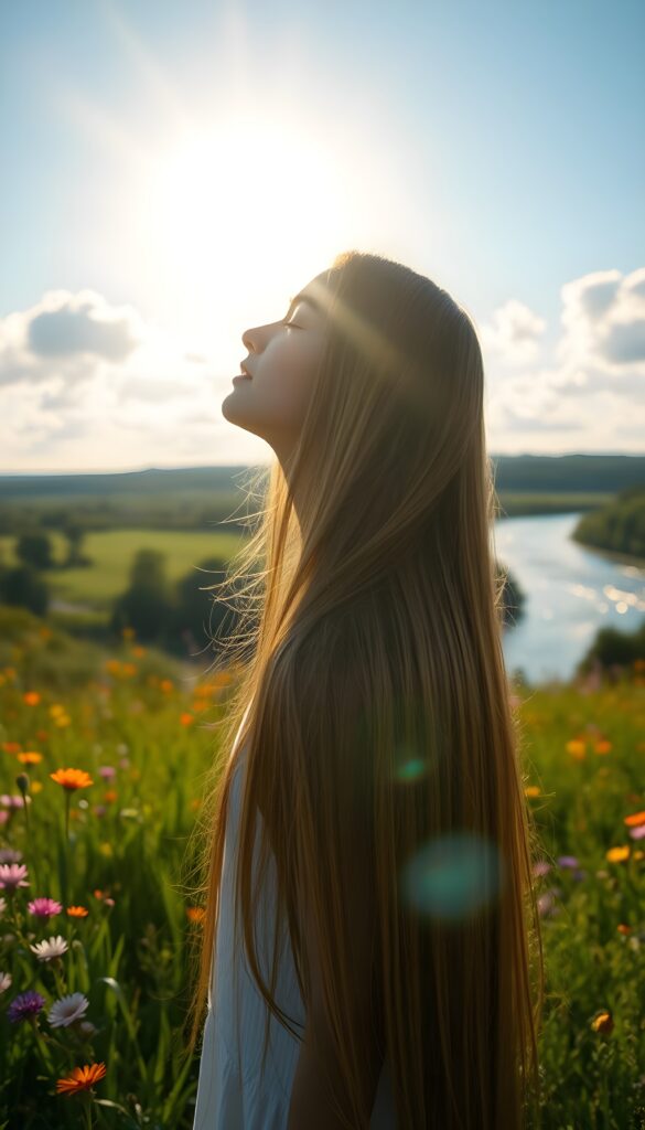 A young girl stands with her back to the sun, her long, straight hair flowing like a golden stream down her back. Her eyes are closed, reflecting the radiant sunlight that bathes her face in a warm, ethereal glow. She is in a lush meadow, surrounded by vibrant wildflowers in shades of pink, purple, and yellow. The sky is a vivid blue, dotted with fluffy white clouds. In the distance, a gently flowing river sparkles under the sun, adding to the serene and joyful atmosphere.