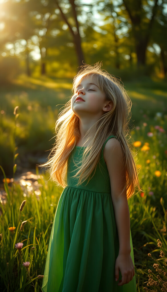 A young girl stands in a vibrant, sunlit meadow, her eyes closed in blissful serenity. She wears a flowing, emerald-green dress that dances with the breeze, her hair a cascade of golden locks framing her face. Her mouth is agape in wonder, as if in awe of the sky. The sun casts a warm glow, highlighting the intricate patterns of the grass around her. In the background, wildflowers bloom in a rainbow of colors, and a gentle stream reflects the sky, creating a harmonious and enchanting scene. The atmosphere is serene, with soft, golden light filtering through the trees, casting dappled shadows on the ground.