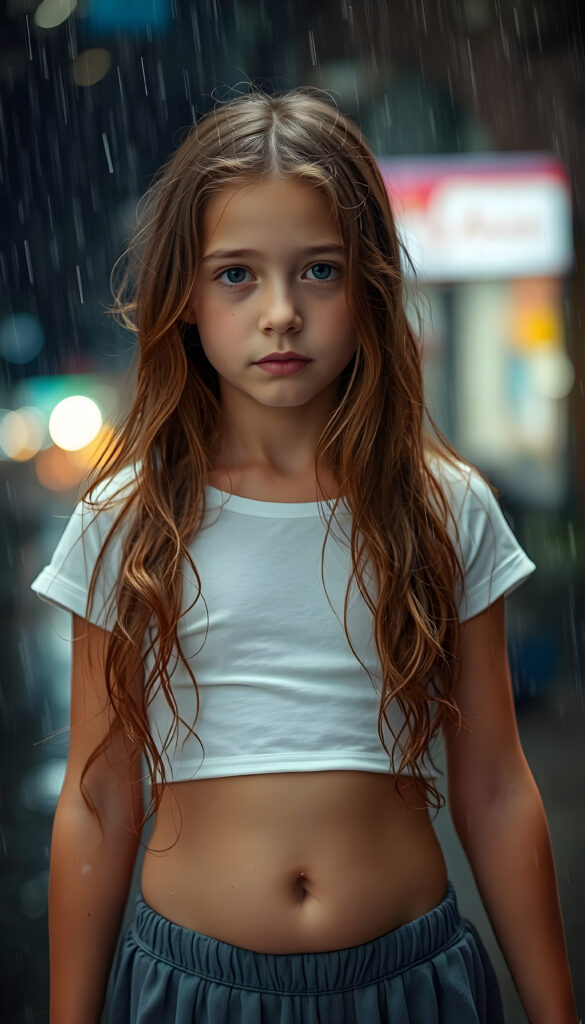 A young girl stands in the rain. She has long, wavy brown hair and a sensual gaze, wears a white cropped short t-shirt and a skirt, she has dripping, wet hair, Her T-shirt is short and you can see her belly button.