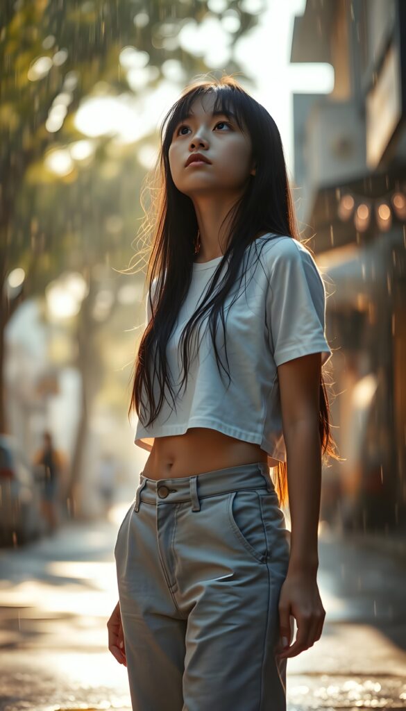 A young girl stands alone on a sun-drenched summer street, her light grey pants and white wet cropped t-shirt clinging to her skin as heavy rain soaks her. Her long, straight black hair cascades down her back, contrasting with her pale skin and the dark, wet strands framing her face. She looks up at the sky, her expression a mix of introspection and vulnerability. The background is a blur of warm, golden light, with raindrops catching the sun and sparkling like diamonds. The scene is serene yet melancholic, with the girl’s solitude emphasized by the quiet, rainy atmosphere. Front view.