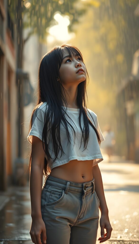 A young girl stands alone on a sun-drenched summer street, her light grey pants and white wet cropped t-shirt clinging to her skin as heavy rain soaks her. Her long, straight black hair cascades down her back, contrasting with her pale skin and the dark, wet strands framing her face. She looks up at the sky, her expression a mix of introspection and vulnerability. The background is a blur of warm, golden light, with raindrops catching the sun and sparkling like diamonds. The scene is serene yet melancholic, with the girl’s solitude emphasized by the quiet, rainy atmosphere. Front view.