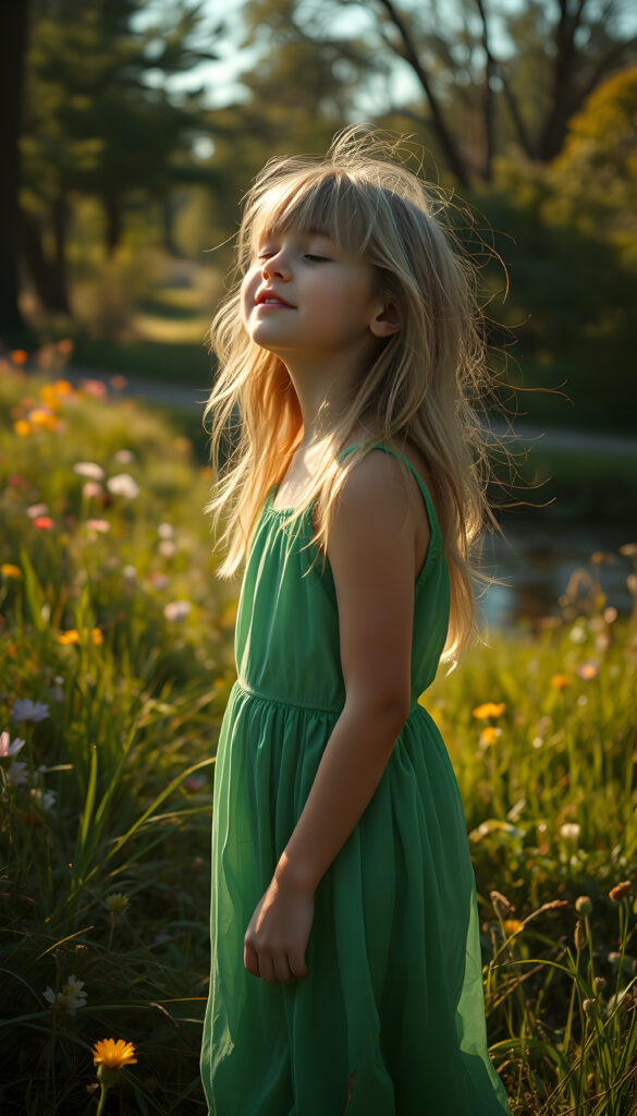 A young girl stands in a vibrant, sunlit meadow, her eyes closed in blissful serenity. She wears a flowing, emerald-green dress that dances with the breeze, her hair a cascade of golden locks framing her face. Her mouth is agape in wonder, as if in awe of the sky. The sun casts a warm glow, highlighting the intricate patterns of the grass around her. In the background, wildflowers bloom in a rainbow of colors, and a gentle stream reflects the sky, creating a harmonious and enchanting scene. The atmosphere is serene, with soft, golden light filtering through the trees, casting dappled shadows on the ground.