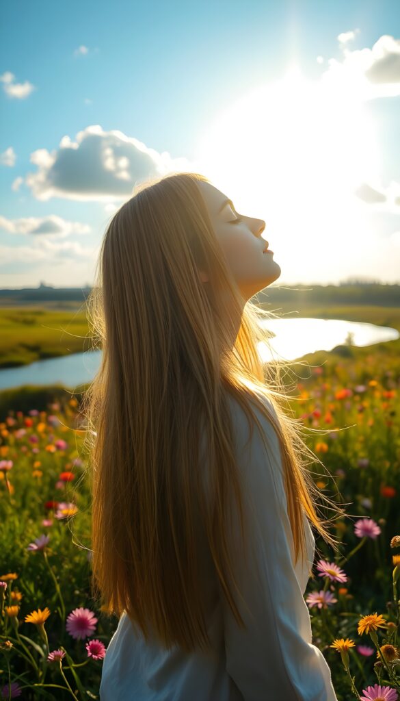A young girl stands with her back to the sun, her long, straight hair flowing like a golden stream down her back. Her eyes are closed, reflecting the radiant sunlight that bathes her face in a warm, ethereal glow. She is in a lush meadow, surrounded by vibrant wildflowers in shades of pink, purple, and yellow. The sky is a vivid blue, dotted with fluffy white clouds. In the distance, a gently flowing river sparkles under the sun, adding to the serene and joyful atmosphere.