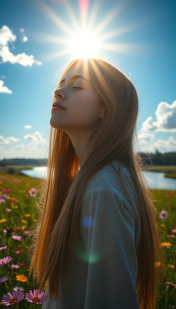 A young girl stands with her back to the sun, her long, straight hair flowing like a golden stream down her back. Her eyes are closed, reflecting the radiant sunlight that bathes her face in a warm, ethereal glow. She is in a lush meadow, surrounded by vibrant wildflowers in shades of pink, purple, and yellow. The sky is a vivid blue, dotted with fluffy white clouds. In the distance, a gently flowing river sparkles under the sun, adding to the serene and joyful atmosphere.