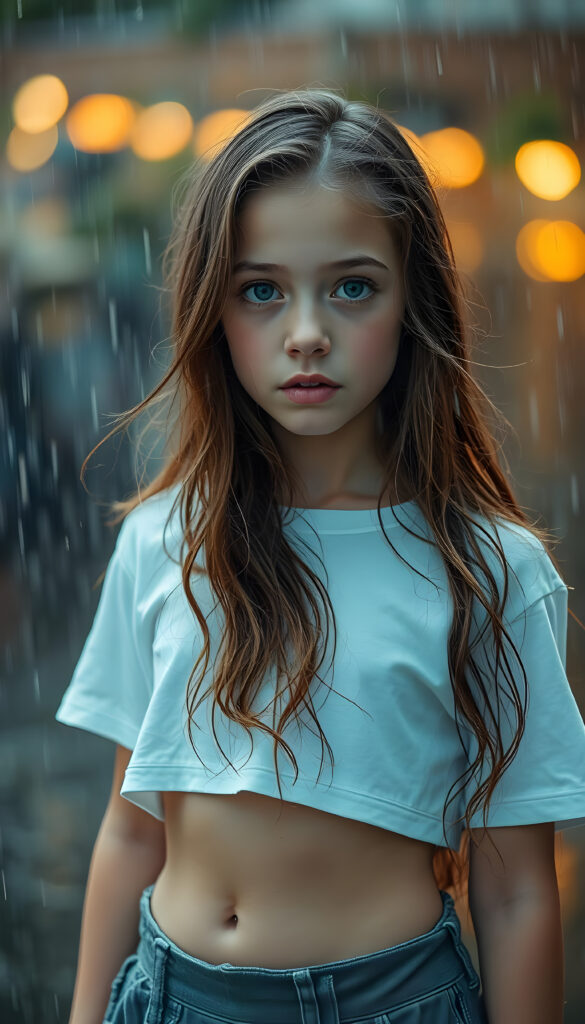 A young girl stands in the rain. She has long, wavy brown hair and a sensual gaze, wears a white cropped short t-shirt and a skirt, she has dripping, wet hair, Her T-shirt is short and you can see her belly button.