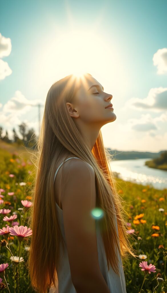 A young girl stands with her back to the sun, her long, straight hair flowing like a golden stream down her back. Her eyes are closed, reflecting the radiant sunlight that bathes her face in a warm, ethereal glow. She is in a lush meadow, surrounded by vibrant wildflowers in shades of pink, purple, and yellow. The sky is a vivid blue, dotted with fluffy white clouds. In the distance, a gently flowing river sparkles under the sun, adding to the serene and joyful atmosphere.