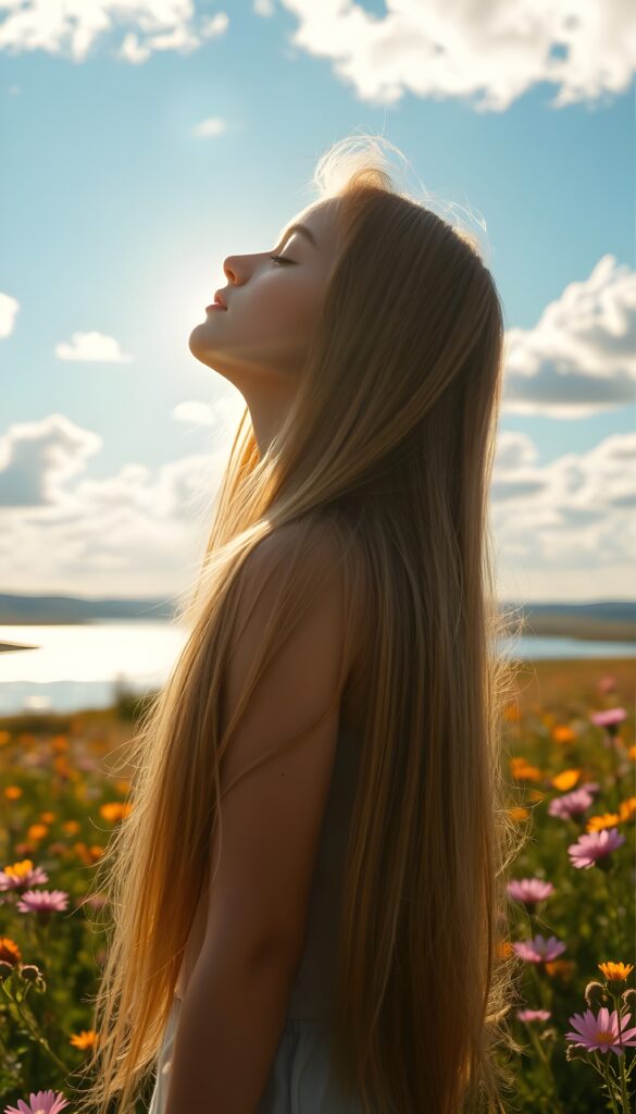 A young girl stands with her back to the sun, her long, straight hair flowing like a golden stream down her back. Her eyes are closed, reflecting the radiant sunlight that bathes her face in a warm, ethereal glow. She is in a lush meadow, surrounded by vibrant wildflowers in shades of pink, purple, and yellow. The sky is a vivid blue, dotted with fluffy white clouds. In the distance, a gently flowing river sparkles under the sun, adding to the serene and joyful atmosphere.