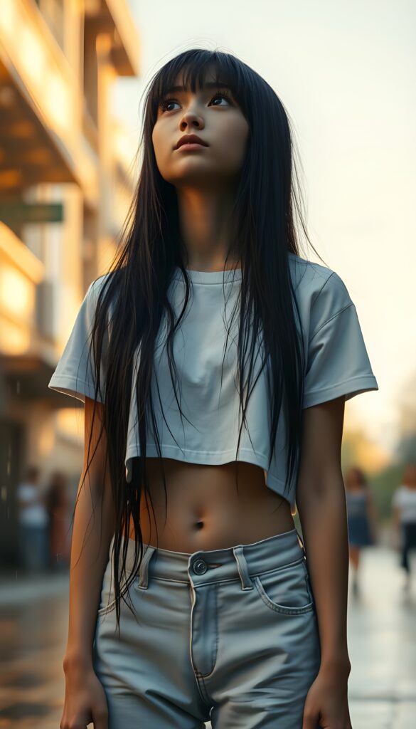 A young girl stands alone on a sun-drenched summer street, her light grey pants and white wet cropped t-shirt clinging to her skin as heavy rain soaks her. Her long, straight black hair cascades down her back, contrasting with her pale skin and the dark, wet strands framing her face. She looks up at the sky, her expression a mix of introspection and vulnerability. The background is a blur of warm, golden light, with raindrops catching the sun and sparkling like diamonds. The scene is serene yet melancholic, with the girl’s solitude emphasized by the quiet, rainy atmosphere. Front view.