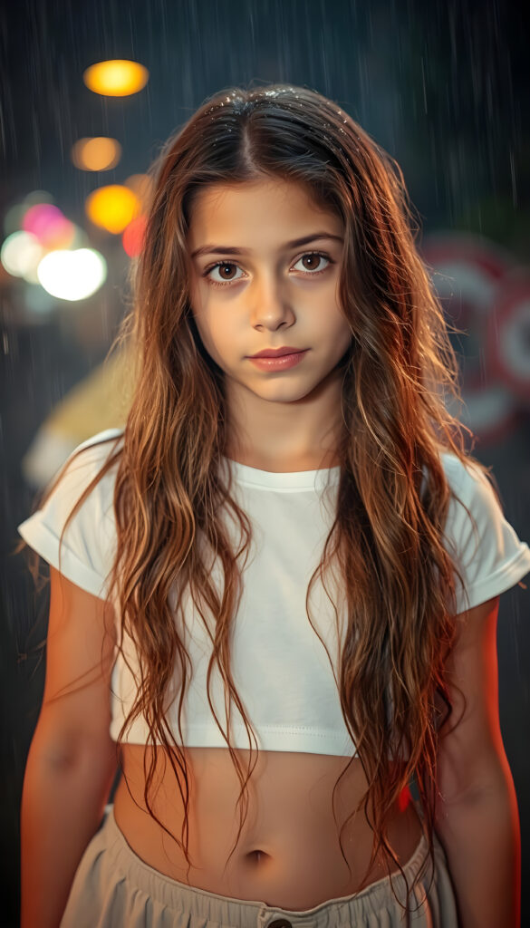 A young girl stands in the rain. She has long, wavy brown hair and a sensual gaze, wears a white cropped short t-shirt and a skirt, she has dripping, wet hair, Her T-shirt is short and you can see her belly button.