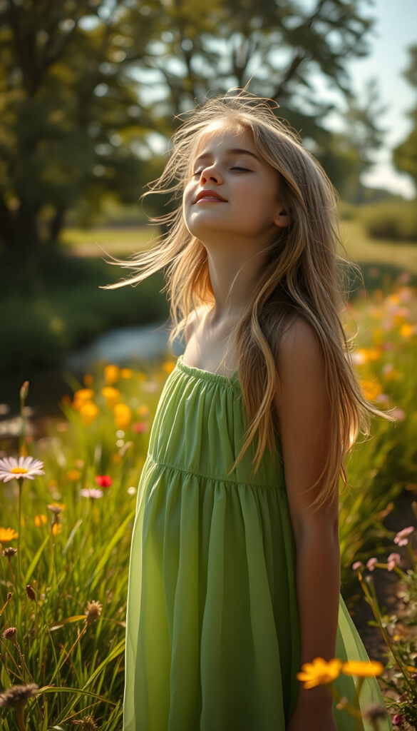 A young girl stands in a vibrant, sunlit meadow, her eyes closed in blissful serenity. She wears a flowing, emerald-green dress that dances with the breeze, her hair a cascade of golden locks framing her face. Her mouth is agape in wonder, as if in awe of the sky. The sun casts a warm glow, highlighting the intricate patterns of the grass around her. In the background, wildflowers bloom in a rainbow of colors, and a gentle stream reflects the sky, creating a harmonious and enchanting scene. The atmosphere is serene, with soft, golden light filtering through the trees, casting dappled shadows on the ground.