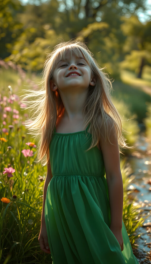 A young girl stands in a vibrant, sunlit meadow, her eyes closed in blissful serenity. She wears a flowing, emerald-green dress that dances with the breeze, her hair a cascade of golden locks framing her face. Her mouth is agape in wonder, as if in awe of the sky. The sun casts a warm glow, highlighting the intricate patterns of the grass around her. In the background, wildflowers bloom in a rainbow of colors, and a gentle stream reflects the sky, creating a harmonious and enchanting scene. The atmosphere is serene, with soft, golden light filtering through the trees, casting dappled shadows on the ground.