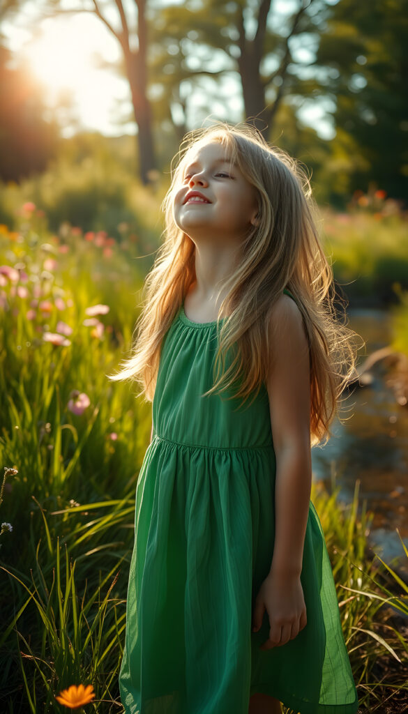A young girl stands in a vibrant, sunlit meadow, her eyes closed in blissful serenity. She wears a flowing, emerald-green dress that dances with the breeze, her hair a cascade of golden locks framing her face. Her mouth is agape in wonder, as if in awe of the sky. The sun casts a warm glow, highlighting the intricate patterns of the grass around her. In the background, wildflowers bloom in a rainbow of colors, and a gentle stream reflects the sky, creating a harmonious and enchanting scene. The atmosphere is serene, with soft, golden light filtering through the trees, casting dappled shadows on the ground.