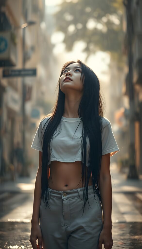 A young girl stands alone on a sun-drenched summer street, her light grey pants and white wet cropped t-shirt clinging to her skin as heavy rain soaks her. Her long, straight black hair cascades down her back, contrasting with her pale skin and the dark, wet strands framing her face. She looks up at the sky, her expression a mix of introspection and vulnerability. The background is a blur of warm, golden light, with raindrops catching the sun and sparkling like diamonds. The scene is serene yet melancholic, with the girl’s solitude emphasized by the quiet, rainy atmosphere. Front view.
