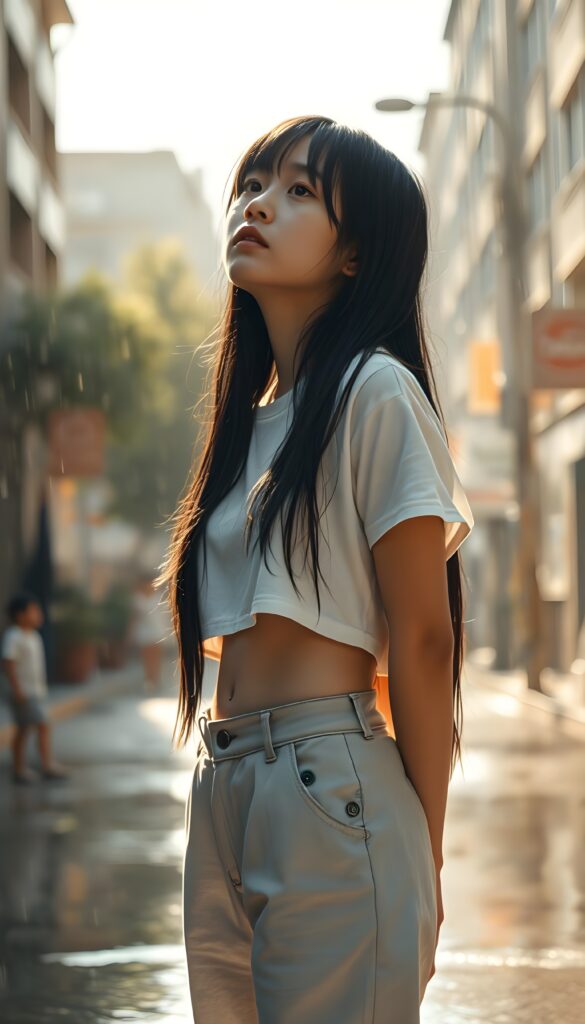 A young girl stands alone on a sun-drenched summer street, her light grey pants and white wet cropped t-shirt clinging to her skin as heavy rain soaks her. Her long, straight black hair cascades down her back, contrasting with her pale skin and the dark, wet strands framing her face. She looks up at the sky, her expression a mix of introspection and vulnerability. The background is a blur of warm, golden light, with raindrops catching the sun and sparkling like diamonds. The scene is serene yet melancholic, with the girl’s solitude emphasized by the quiet, rainy atmosphere. Front view.