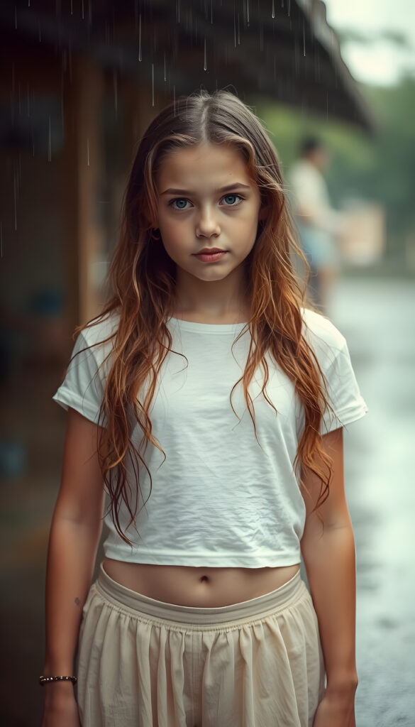 A young girl stands in the rain. She has long, wavy brown hair and a sensual gaze, wears a white cropped short t-shirt and a skirt, she has dripping, wet hair, Her T-shirt is short and you can see her belly button.