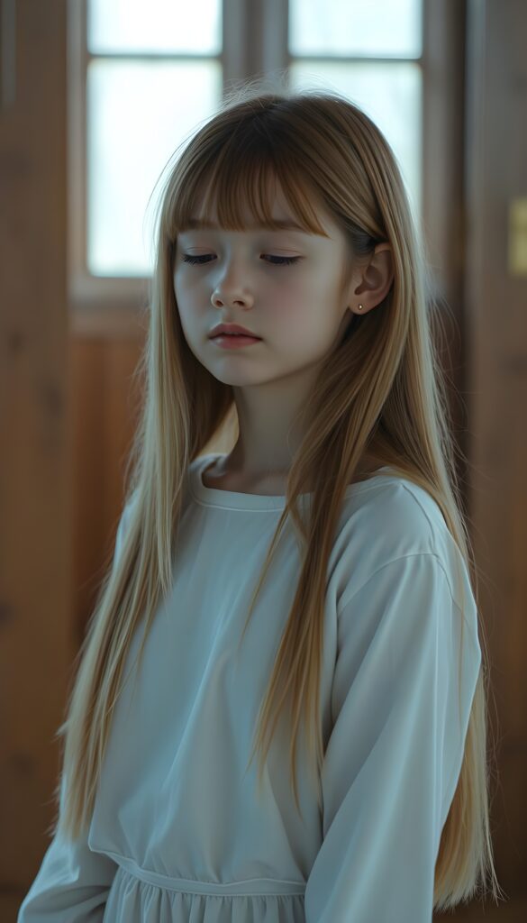 A young girl waits against a wooden room. Her eyes are closed and she is dressed entirely in white. Long straight golden hair falls down to her hip.