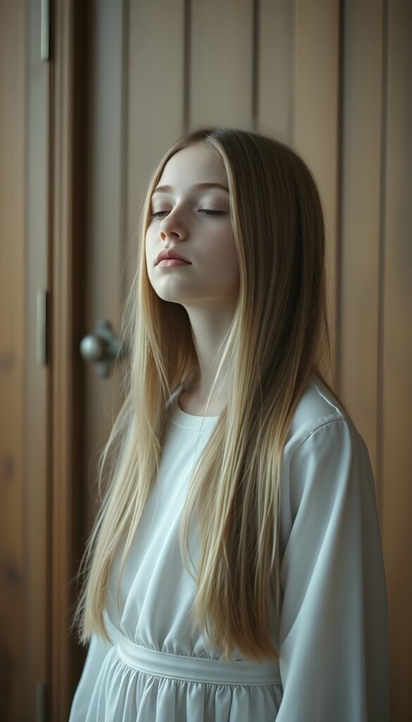 A young girl waits against a wooden room. Her eyes are closed and she is dressed entirely in white. Long straight golden hair falls down to her hip.