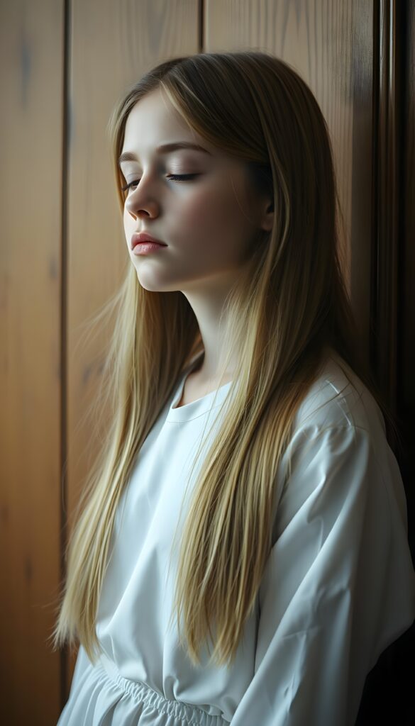 A young girl waits against a wooden room. Her eyes are closed and she is dressed entirely in white. Long straight golden hair falls down to her hip.