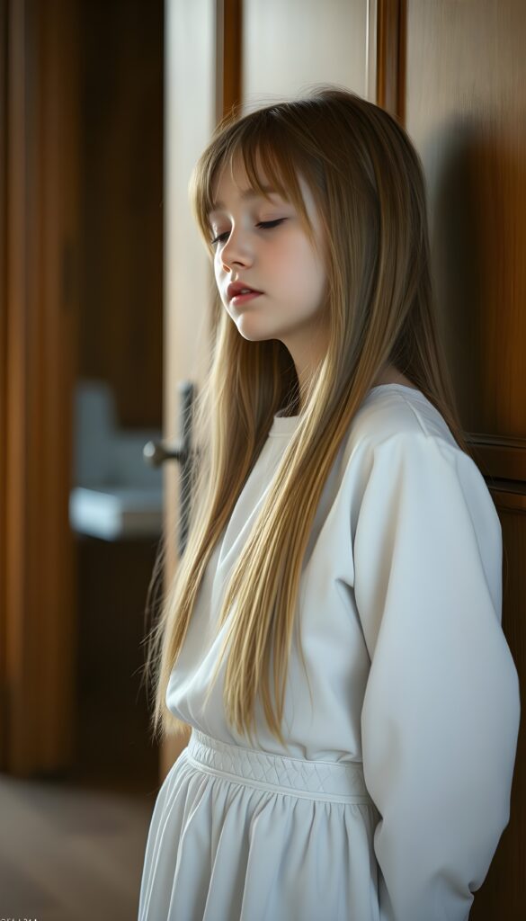 A young girl waits against a wooden room. Her eyes are closed and she is dressed entirely in white. Long straight golden hair falls down to her hip.