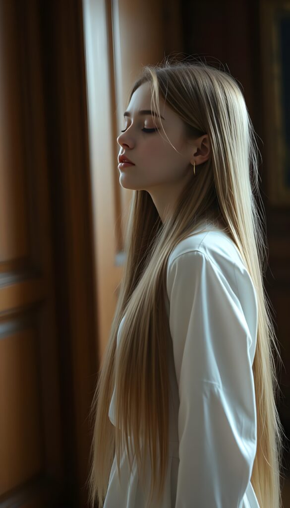 A young girl waits against a wooden room. Her eyes are closed and she is dressed entirely in white. Long straight golden hair falls down to her hip.