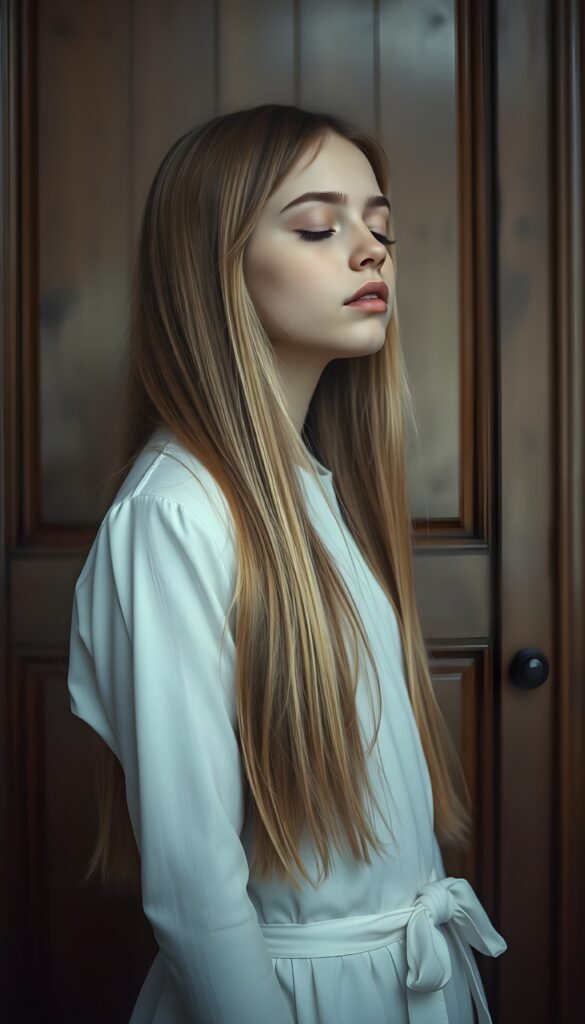 A young girl waits against a wooden room. Her eyes are closed and she is dressed entirely in white. Long straight golden hair falls down to her hip.