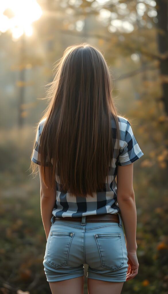 A young girl wearing a checked t-shirt in white and black and light blue short jeans pants. She has light brown, long straight hair and dark highlights that falls like a waterfall over her entire body. In the background, a picturesque autumn forest, the sun shining through the leaves. Slightly fogy. View from the back. HDR, 4K.