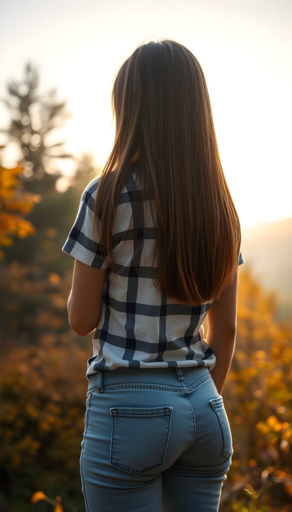 A young girl wearing a checked t-shirt in white and black and light blue short jeans pants. She has light brown, long straight hair and dark highlights that falls like a waterfall over her entire body. In the background, a picturesque autumn forest, the sun shining through the leaves. Slightly fogy. View from the back. HDR, 4K.