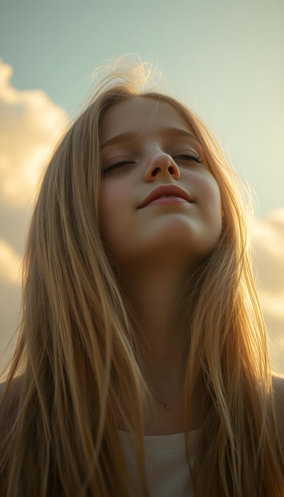 A young girl with long, flowing golden hair cascades over her shoulders, her eyes closed in anticipation, lips slightly parted in a soft pout. She stands against a backdrop of swirling pastel hues, with sunlight filtering through soft clouds, casting a dreamy, ethereal glow. Her face is round and delicate, with full lips and a hint of a smile, her white teeth gleaming in the light. She lifts her head slightly, her expression serene and hopeful, as if awaiting a gentle breeze or a tender embrace. The scene is bathed in a warm, golden light, with soft, fluffy clouds in the sky, creating a magical and enchanting atmosphere.
