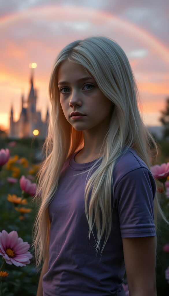 A young girl with long, flowing white hair and expressive brown eyes, dressed in a fitted violet t-shirt, stands in a whimsical garden at twilight. The garden is filled with vibrant, oversized flowers, and the sky is a blend of soft pinks and purples. She gazes thoughtfully at a distant, ethereal castle illuminated by a warm, magical glow, with a rainbow arching over the landscape.