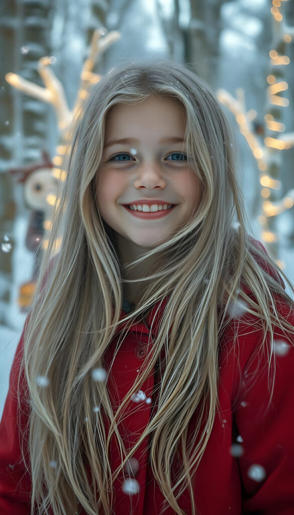 A young girl with long, flowing silver hair, wearing a vibrant red winter coat, stands in a magical winter forest. Snowflakes gently fall around her, creating a serene, enchanting atmosphere. She has rosy cheeks and a joyful smile, revealing her bright white teeth. Her hair dances in the crisp winter breeze. The forest is covered in pristine snow, with whimsical, glowing trees that emit a soft, ethereal light. Colorful, cartoonish animals peek from behind the trees, adding a touch of whimsy and wonder to the scene.