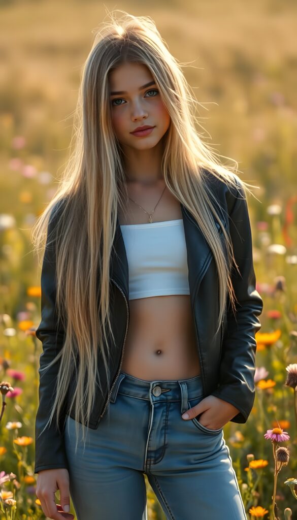 A young girl with long, straight, two-toned blonde hair, wearing a black open biker jacket, white cropped t-shirt, and blue denim jeans, you see her belly button, posed in a sunlit meadow surrounded by colorful wildflowers. The scene is bathed in golden sunlight, with vibrant hues and soft shadows, evoking a dreamy, surreal atmosphere.