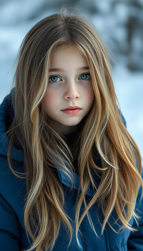 A young girl with long, thick, soft full open light-blonde hair and brown highlights is wearing a thick blue winter jacket. She has green eyes, white backdrop. She looks up to the viewer.
