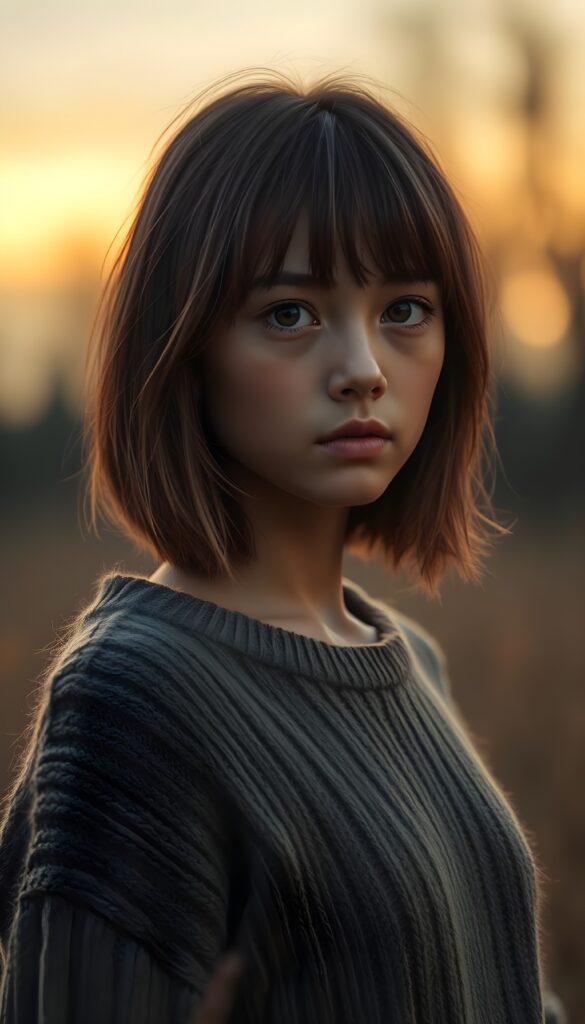 A young girl with chestnut-brown straight long hair and blond highlights in a perfect shoulder-length bob cut, bangs, warm tan skin stands in a twilight meadow, wearing a fine sweater made of wool. Her eyes are dark and gentle, and her expression is calm and loyal. The background features soft, glowing dust and blurred trees, creating a cozy, atmospheric setting. The image is rendered in a semi-realistic fantasy illustration style, with a focus on warm brown tones and a subtle, enchanting glow. Golden sunset.