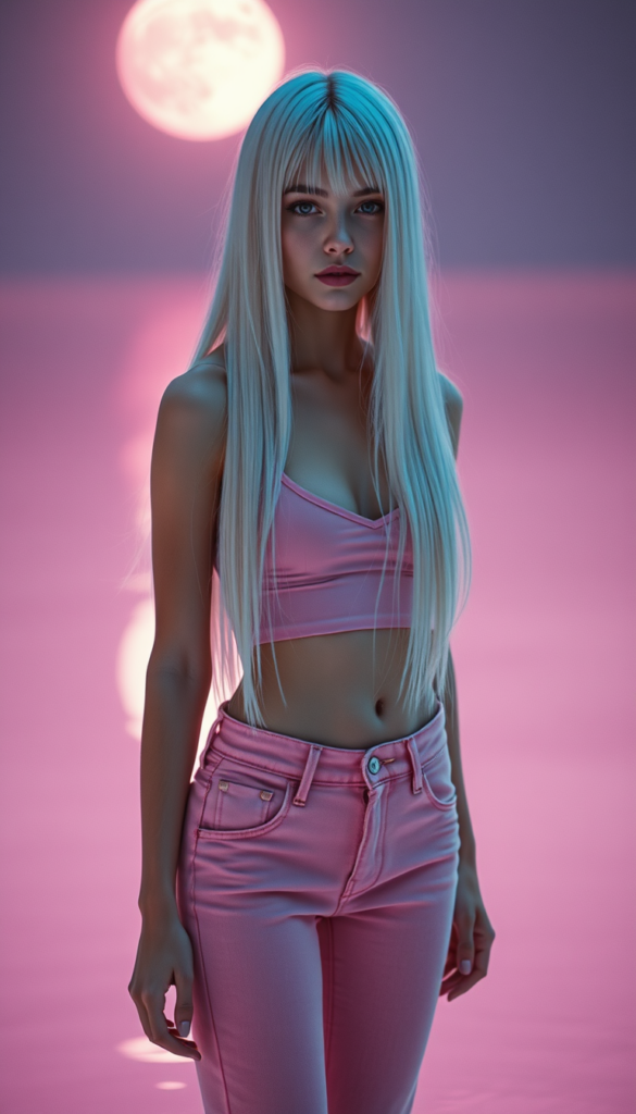 A young girl with long, straight full open white hair reach to her hip; she wears a pink thin plain cropped tank top that perfectly accentuates her perfectly feminine figure and pink jeans pants; she stands in a fantastical, unrealistic, glowing pink lake that reflects the moonlight. She has flawless skin. Beautiful. Fantastic.
