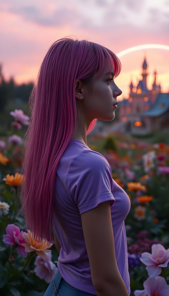 A young girl with ((long, straight neon pink hair)), dressed in a fitted violet t-shirt, stands in a whimsical garden at twilight. The garden is filled with vibrant, oversized flowers, and the sky is a blend of soft pinks and purples. She gazes thoughtfully at a distant, ethereal castle illuminated by a warm, magical glow, with a rainbow arching over the landscape. Perfect female curved body. View from the side.