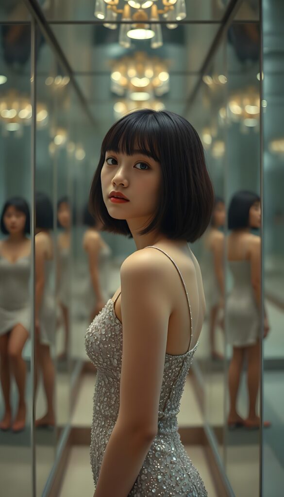 A young girl with a bob hairstyle, wearing a tight, glittering dress, stands in a hall of mirrors.
