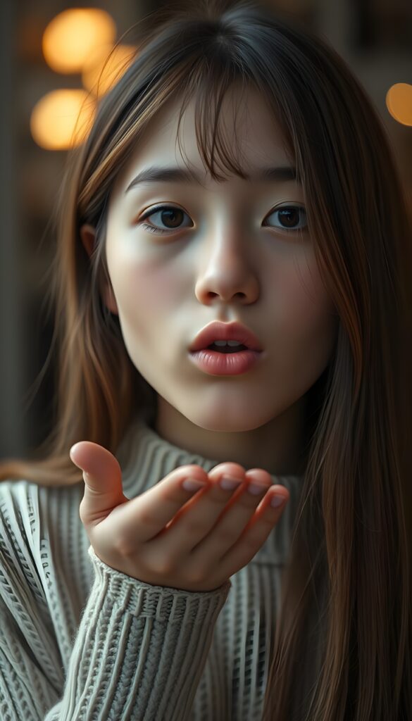 A young girl with long, straight hazelnut brown hair blows a kiss to the camera. Her lips are round. 35 mm. She wears a fine wool sweater.