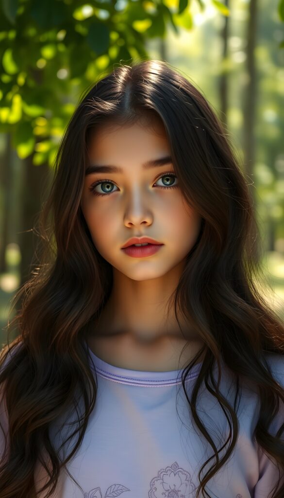 A young girl with long, wavy black hair that cascades down her back in the same length left and right, her deep blue eyes sparkling like sapphires under a soft, golden sunlight filtering through lush green leaves. Her lips, full and vividly red, stand out against her flawless, porcelain-colored skin. She wears light purple cropped t-shirt with intricate floral patterns.. The scene is set in a serene, sunlit forest with tall trees and a gentle breeze, creating a magical and ethereal atmosphere.