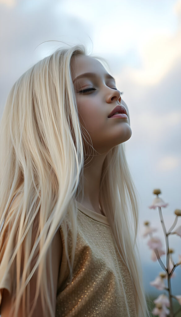 A young girl with long, flowing platinum blonde hair, her eyes closed in anticipation, a round face with full, kissable lips slightly parted, revealing her white teeth, stands against a soft gradient of light blue and lilac. Her head is tilted slightly upwards, wearing a delicate, shimmering gold t-shirt that sparkles under the warm, golden hour light filtering through the serene clouds above. The scene is dreamy, with soft, pastel-colored flowers gently swaying in the breeze around her, creating a romantic and whimsical atmosphere.
