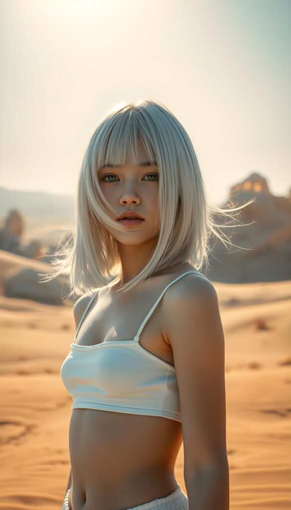 a girl with white soft long straight hair in a perfect shoulder length bob cut, white dressed in a tank top, in a sandy desert.