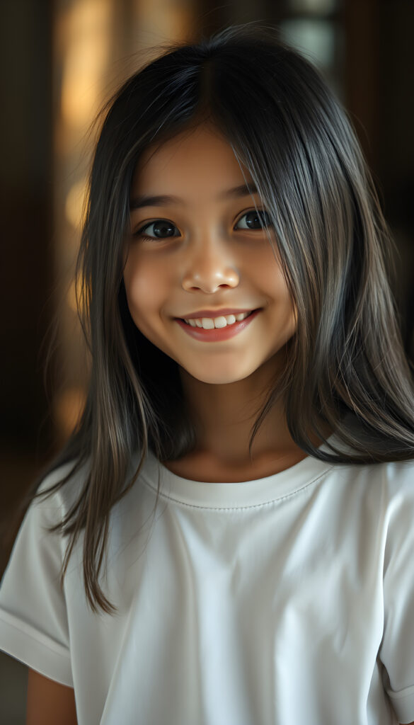 A young girl with long, soft black hair and bright, detailed eyes, wearing a crisp white t-shirt. Her skin has a pale, almost translucent quality, and she smiles playfully at the camera, the scene is bathed in warm, golden light, creating a whimsical and serene atmosphere.