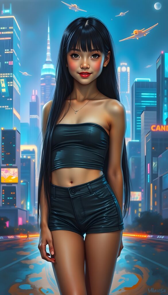 A young girl with long, straight black hair cascading down her back, standing confidently in a futuristic, neon-lit cityscape. She wears a sleek, form-fitting crop top and high-waisted shorts, her posture exuding elegance and playfulness. Her eyes sparkle with determination as she looks directly at the viewer, her smile radiant. The background features a vibrant, holographic skyline with towering skyscrapers and flying vehicles, illuminated by an array of colorful lights. The scene is dynamic, with a subtle glow emanating from the ground, adding a sense of motion and energy to the image. Front view.