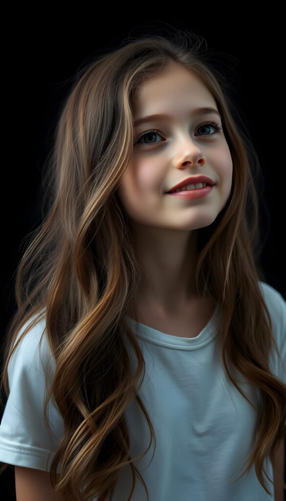 A young girl with long, wavy hazelnut brown hair. She is waiting for a kiss. Cute. White t-shirt. Full plump kissable lips, white teeth. Flawless skin. Black backdrop.