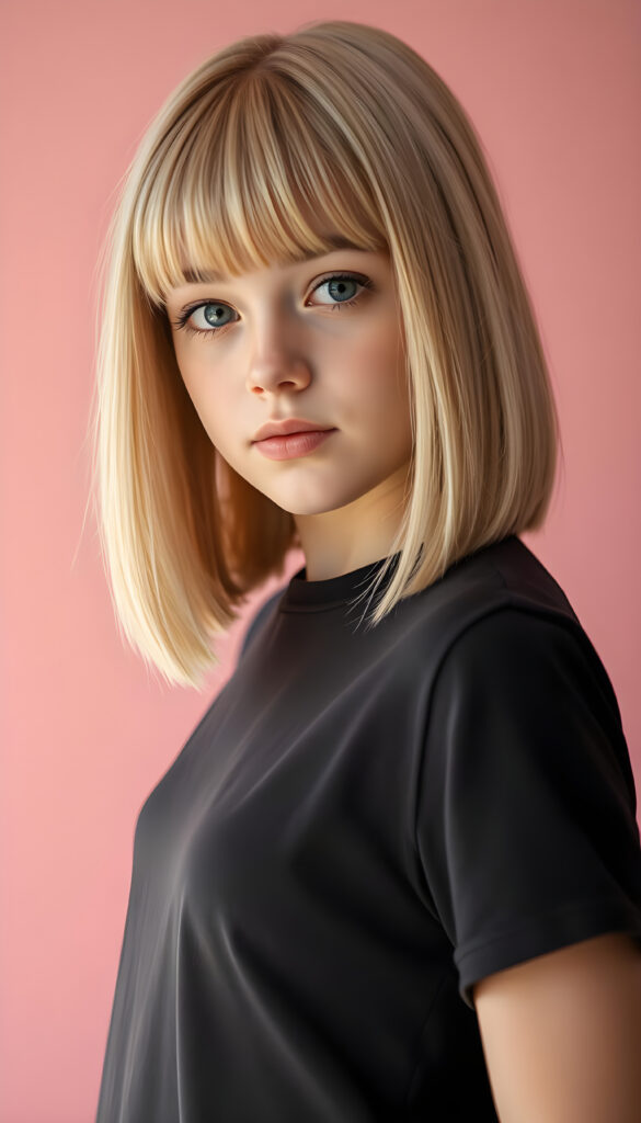A young girl with striking, straight blonde hair with brown highlights framing her face, bob cut, her bangs styled in a perfect side part, exuding confidence with a curvy silhouette, poses confidently against a soft, pastel pink backdrop. She is dressed in a thin dark t-shirt, perfect female curved body, featuring a sleek black dress that contrasts beautifully with her hair and the background. The lighting is soft and ethereal, highlighting her features and adding a dreamy atmosphere to the scene.